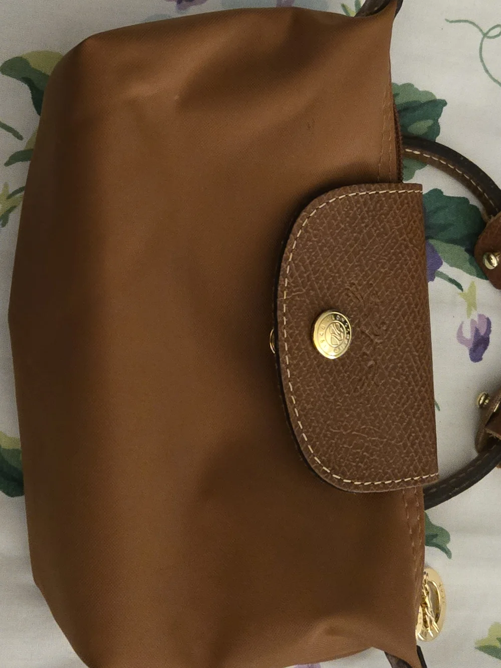 Longchamp Cognac Textured Leather Canvas Pouch with Gold Accents. Authentic.